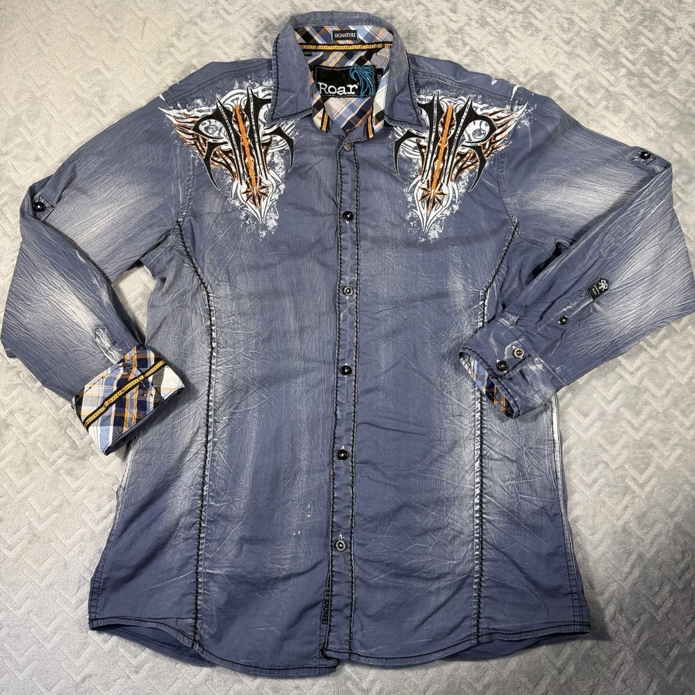Roar Signature Button Down Shirt Men's Large Blue Embroidered Tribal Graphic Y2K
